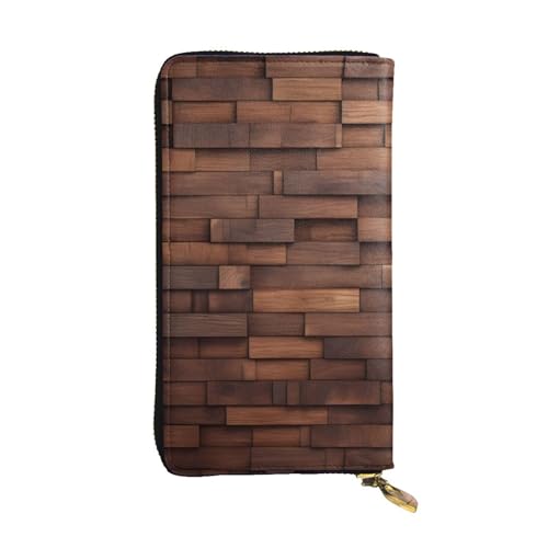 Portefeuille long en cuir noir pour femme, grand format avec détails bois