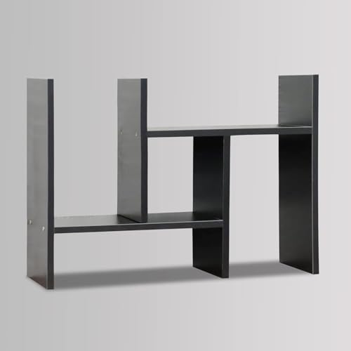 Image of Adjustable Wooden Desktop Bookshelf, Expandable Office Storage Rack, Modern Rectangular Design, Engineered Wood, Glossy Finish (Black)