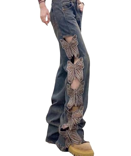 SOMTHRON Women's Vintage High Waisted Denim Pants Butterfly Embroidered Hollow Out Straight Wide Leg Jeans3