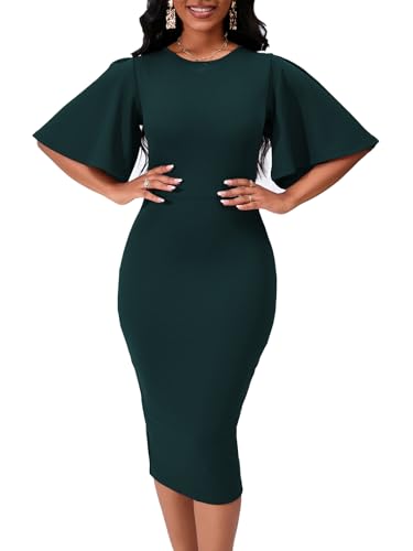 Image of WanMem Womens Basic Bodycon Ruffle Flared Short Sleeve Pencil Midi Dress