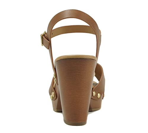 Soda MIGUEL ~ Women Crisscross Band Fashion Chunky Platform Block Mid Heel Sandal with Ankle Strap and Stud2