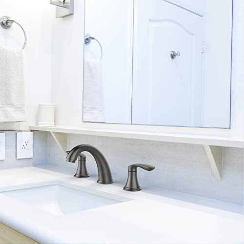 Bathroom Sink Faucet, Faucet for Bathroom Sink, Widespread Gun Grey Bathroom Faucet 3 Hole with Stainless Steel Pop Up Drain and cUPC Lead-Free Hose - (Gun Grey 2 Packs)