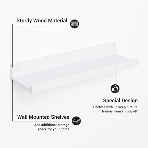 Image of Wooden Floating Wall Shelves Set of 3 for Living Room & Bedroom | Modern Wall Mounted Display Rack for Decor, Photo Frames, Plants & Storage (White, 16 Inch)
