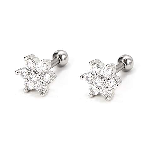 2Pcs Stud Earrings 16G 6Mm 316L Surgical Steel Cz Flower Cartilage Earrings Stud Piercing Helix Cartilage Conch Tragus Lobes Studs Hypoallergenic Earrings For Women Girls (H:silver Cz Flower) #TOP10