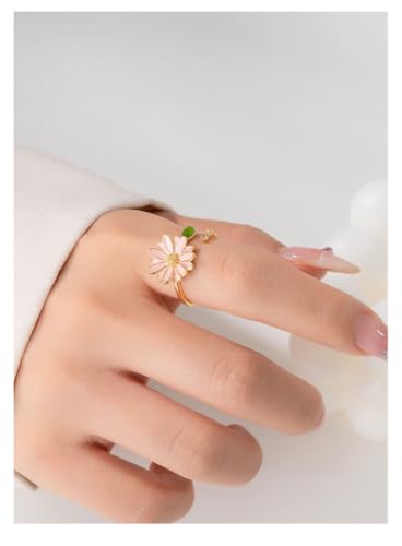 Kokoma Pink Daisy Flower Ring for Women Green Leaf Cubic Zirconia Wrap Finger Flower Open Statement Ring Promise Engagement Rings Fashion Jewelry4