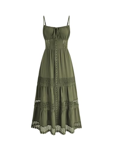 chinese dress ladies CIDER Maxi Dress for Women Lace Trim Tiered Cami Bohemian Holiday Vacation  Square Neck Sleeveless Dress Green at Amazon Women's Clothing store