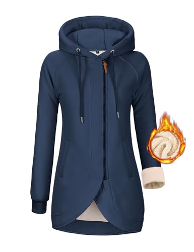 UMIPUBO Sudaderas Mujer con Capucha Chaqueta Fleece Cremallera Ropa de Invierno Sudadera Larga Casual Cazadora Deportiva Entretiempo(Azul Marino,M)