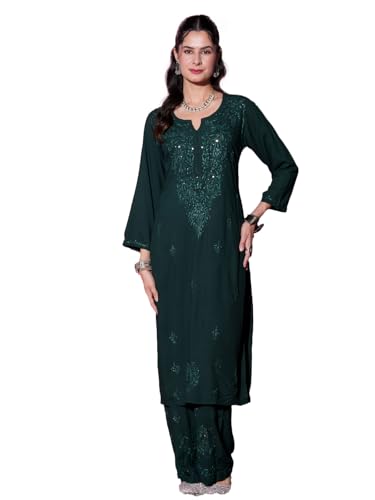 Image of Fashion Chikan Art Women's Lucknowi Premium Chanderi Silk Hand-Embroidered Chikankari Kurti & Palazzo Set | Elegant Festive & Casual Wear Ethnic Suit