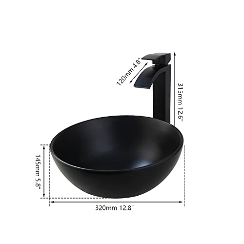Washly 13\" Black Bathroom Ceramic Vessel Sink With Faucet And Drain Combo Above Countertop Round Bowl Sink Waterfall Faucet Mixer Tap Set - Thumbnail 2