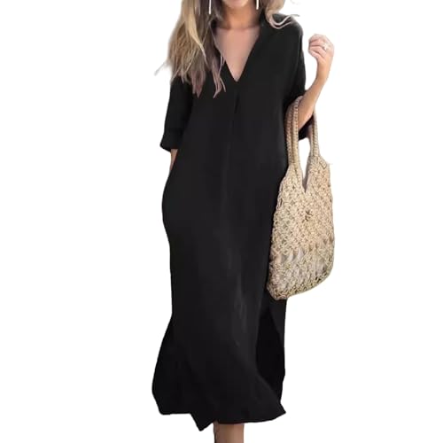 Elegant V-Neck Slit Dress, Cotton and Linen V-Neck Midi Dress, Linen Dresses for Women 2025 (Black,XL)