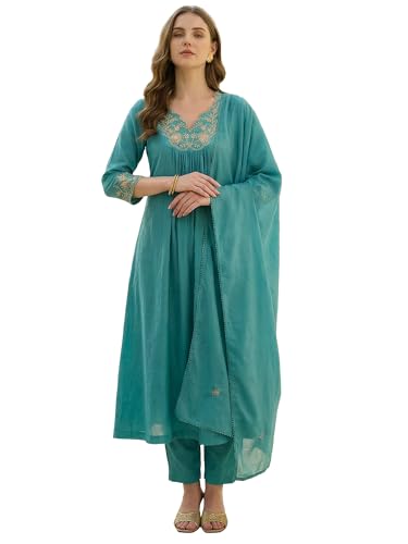 Image of INDO ERA Women's Rayon Viscose Floral Embroidered A-line Kurta Palazzo & Dupatta Set