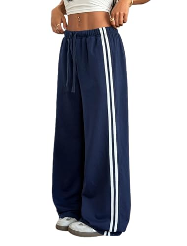 ZAFUL Womens Casual Sweatpants Drawstring Color Block Side Striped Straight Leg Athletic Track Pants with Pockets (1-Navy Blue Large)