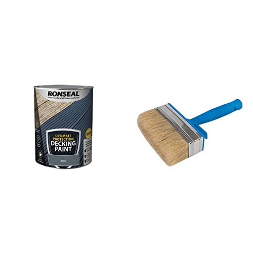 RONSEAL ULTIMATE DECKING PAINT SLATE 5L & Silverline 394974 Block Brush 115 mm / 4-1/2