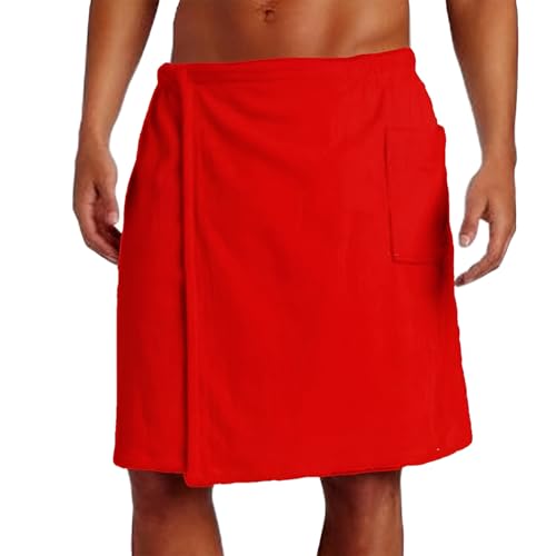 Jamron Mens Adjustable Bath Towel Wrap - Wearable Towel Skirt with Pocket for Gym Shower Sauna Spa & Beach Cover Ups Red M