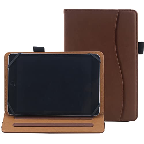 6 7 8 Inch Universal Tablet Case Folio Leather Stand Shell Case with Adjustable Angle Band and Pouch for Documents Cards and Pen Holder (Brown)