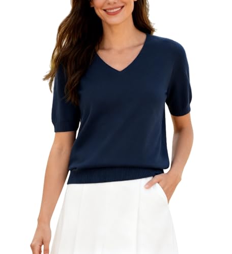 Image of SANGTREE Women's Short Sleeve Sweaters V Neck Casual Knit Pullover Tops | Perfect as a lightweight sweater for spring /summer or as a layering piece. Ideal for office, daily, holiday, home etc