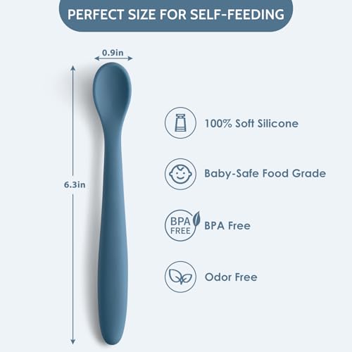 Image of 6 Piece Silicone Baby Feeding Spoons, First Stage Infant Soft-Tip Easy on Gums, Training Spoon Self-feeding, Utensils Supplies, Dishwasher & Boil-proof - Blue