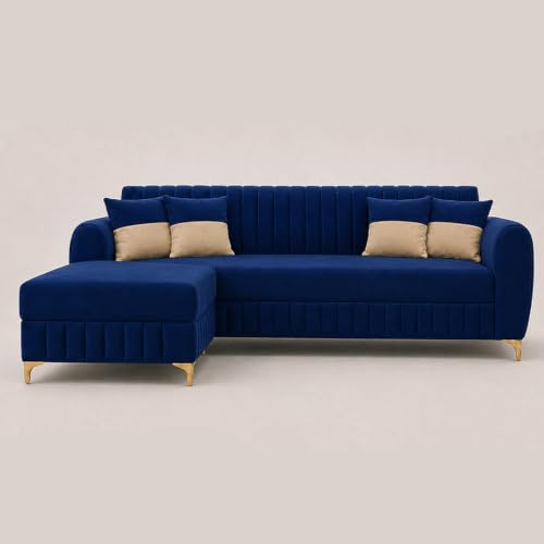 Image of CASASTYLE Signature Velour 4-Seater L-Shape Sofa Set with Movable Ottoman | Flexible LHS /RHS Layout | Boston Matte Fabric | 40D Foam + Zigzag Spring | 3-Yr Warranty (Midnight Blue)