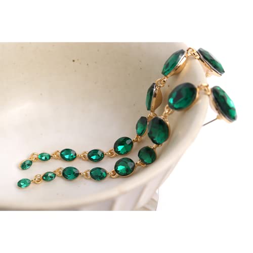 Agriajun Green Crystal Beaded Boho Long Tassel Teardrop Dangle Chain Earrings For Women - Big Extravagant Sparkly Rhinestone Linear Earring Dangling Garnet Ruby Bridal Wedding Prom Costume Jewelry #TOP6