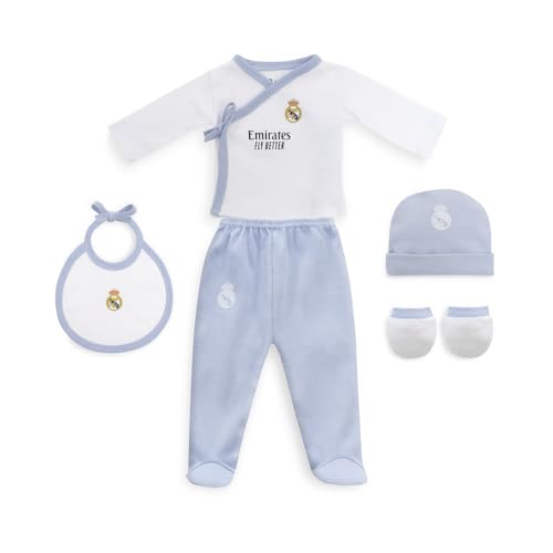Interbaby - Set Regalo 5 Piezas del Real Madrid - Primera Puesta Bebé Recien Nacido - Compuesto por Gorro, Camisa, Polaina, Manopla y Babero. Edad 0-6 meses.