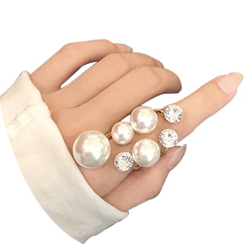 Vintage Crystal Pearl Rings for Women - Stacking Promise Pearl Adjustable Open Finger Ring Trendy Personality Statement Jewelry Gifts - Main Image
