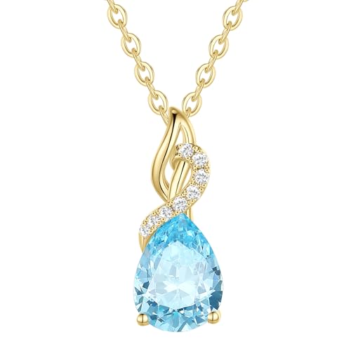 FANCIME Aquamarine Necklace March Birthstone Necklace 14K Solid Yellow Gold Teardrop Pendant with Diamond Jewelry Gifts for Mom Women