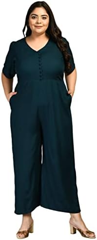 PrettyPlus by Desinoor.com Plus Size Womens V-Neck Solid Jumpsuit with Pocket | Stylish Half Sleeves Regular Jumpsuits for Women Western | Soft Rayon Womens Jumpsuits