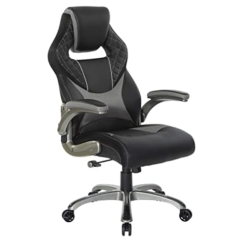 OSP Home Furnishings Oversite Ergonomic Adjustable High Back Gaming Chair, Black Faux Leather with Grey Accents Cover