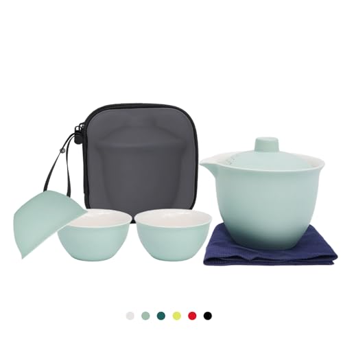 Porcelain Chinese Gongfu Tea Sets for Adults Ceramic japanese Tea Set Portable Kungfu Gaiwan Teapot and Cup Set Small Travel Teaset with Lid for Home Gifting Outdoor and Office (Blue)