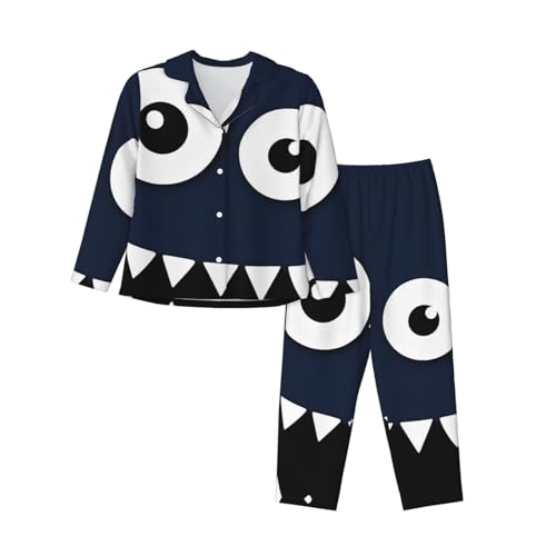 Nianyuer Ensemble de pyjama à manches longues pour femme - Doux et ludique - Motif monstre - Vêtement de détente avec poches, Noir , L