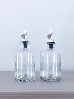 Home Tailors Oil and Vinegar Dispenser with Metal Pour Spout, Weighted Pourer, 500ml 16oz Glass Bottle Dispenser for Kitchen, Olive Oil Cruet, Glass Olive Olive Bottle, Set of 2 (Silver)