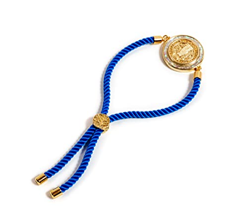 Image of Catholic Blessed Saint Benedict Medal 18K Gold Plated Bracelet Blue String Religious Jewelry