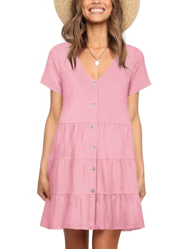 Image of Nova In Sky Women's Summer Dresses 2026 Short Sleeve V-Neck Casual Loose Swing Button Down Casual T Shirt Dresses