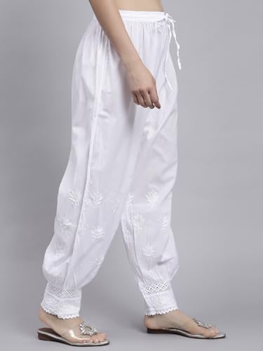 Image of Seva Chikan Hand Embroidered Lucknowi Chikankari White Cotton Afghani Salwar for Women SCL11030