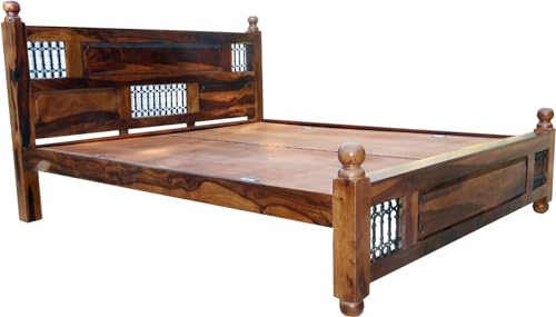 Image of Solid Sheesham Wood King Size Bed Without Storage | Wooden Double Bed Frame for Guest Room Modern Handcrafted & with Headboard |Honey Walnut Finish