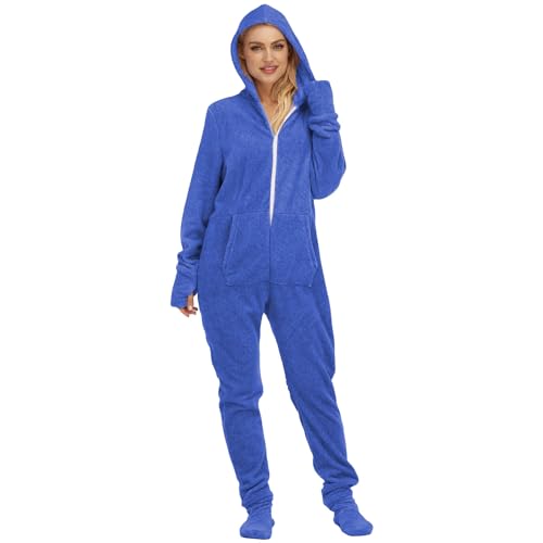 YuanDiann Mujer Pijamas Mono con Pies Estampado Suave Cálido Franela De Doble Cara con Capucha Onesie De Una Pieza Cómodos Enteros Pijamas con Sacos Azul XXL