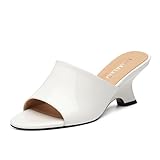 NUMALEO Women's Comfortable Low Kitten Heels White Sandals, Slip-On Open Peep Toe Wedge Patent Slide Mules, Summer Dress Shoes for Party, Homecoming, Daily Wear Size 8.5