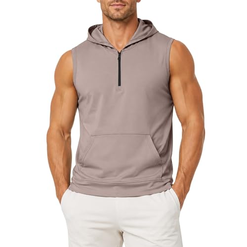 Sweat à capuche sans manches homme couleur unie avec demi-zip et poche kangourou confortable