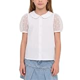 WELAKEN Girls Peter Pan Collar Button-Down Blouse – Classic White Shirt with Heart Mesh Puff Sleeves