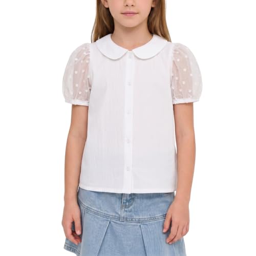 Image of Girls Button Down Blouse with Peter Pan Collar - Classic Short-Sleeve Kids Shirt Top