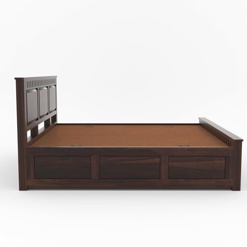 Image of Sheesham Wood King Size Bed with Storage Box | Wooden Box Bed King Size Double Cot Bed with Storage for Bedroom | Premium Kuber Dalla Design Headboard Bed for Hotel, Home | Walnut Finish