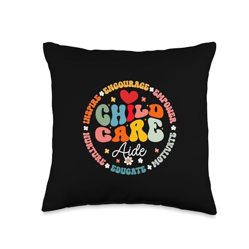 Cute Groovy Childcare Daycare Appreciation Week Childcare Aide Life Daycare Crew School Provider Teacher Throw Pillow, 16x16, Multicolor