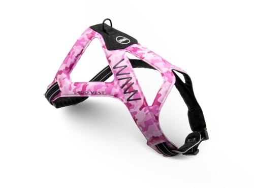 WAW, Ergovest Camo, Pettorina Ergonomica per Cani da 2 a 25 kg, Geometria a 3 Fasce, Libertà di Spalle e Ascelle, in Microfibra Ultraleggera, Taglia 1, Rosa Militare/Nero