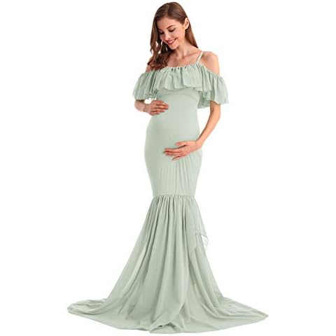 AYMENII Women Chiffon Mermaid Maternity Gown Spaghetti Strap Off Shoulder Ruffle Sleeve Photography Wedding Baby Shower Dress Mint Green L Cover