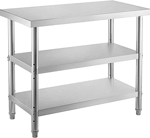 Estaciones de trabajo y mesas de trabajo | Vevor Mesa De Trabajo De Acero Inoxidable 122x35x85,5 Cm Mesa De Preparación 3 Niveles Carga De 180 Kg Mesa De Cocina Estantes Regulables En Altura Almacenamiento De Alimentos Restaurante Bar Garaje