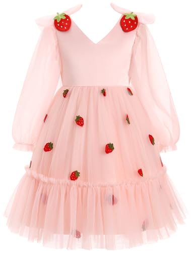 IDOPIP Toddler Girls Tutu Dress Mesh Long Sleeve Strawberry Heart Valentine Birthday Party Dresses Pageant Ruffle Tulle Gown