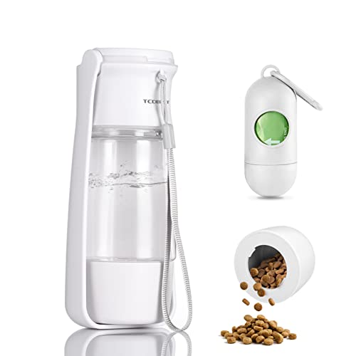 TCDBEST Dog Water Bottle 3 in 1 with Pooper Scooper, Poop Bags, Food Storage Container for Outdoors (White)