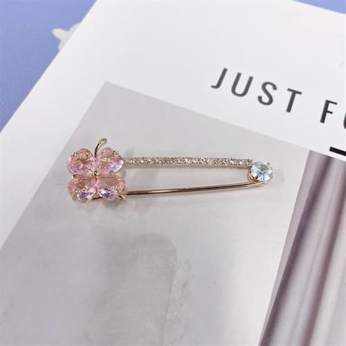 Image of Dainty Clover CZ Brooch Safety Pins Clip Scarf Sweater Shawl Waist Pants Luxury Sparkly Rhinestones Brooches for Collar Dress Skirt Suit Fashion Jewelry for Shamrock Party Birthday 2.2in