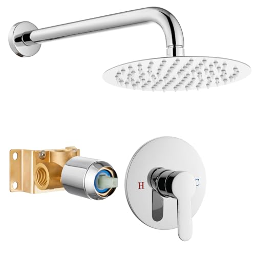 Shower Juego de grifo de ducha, kit de ajuste de ducha con rosca hembra, válvula empotrada, montaje en pared SUS304, juego de mango y cabezal de ducha redondo de 8 pulgadas, de ducha tipo lluvia sin