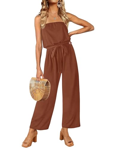 ZESICA Women's Casual Off Shoulder Solid Color Strapless Belted Wide Leg Jumpsuit Romper, Caramel, XX-Large
